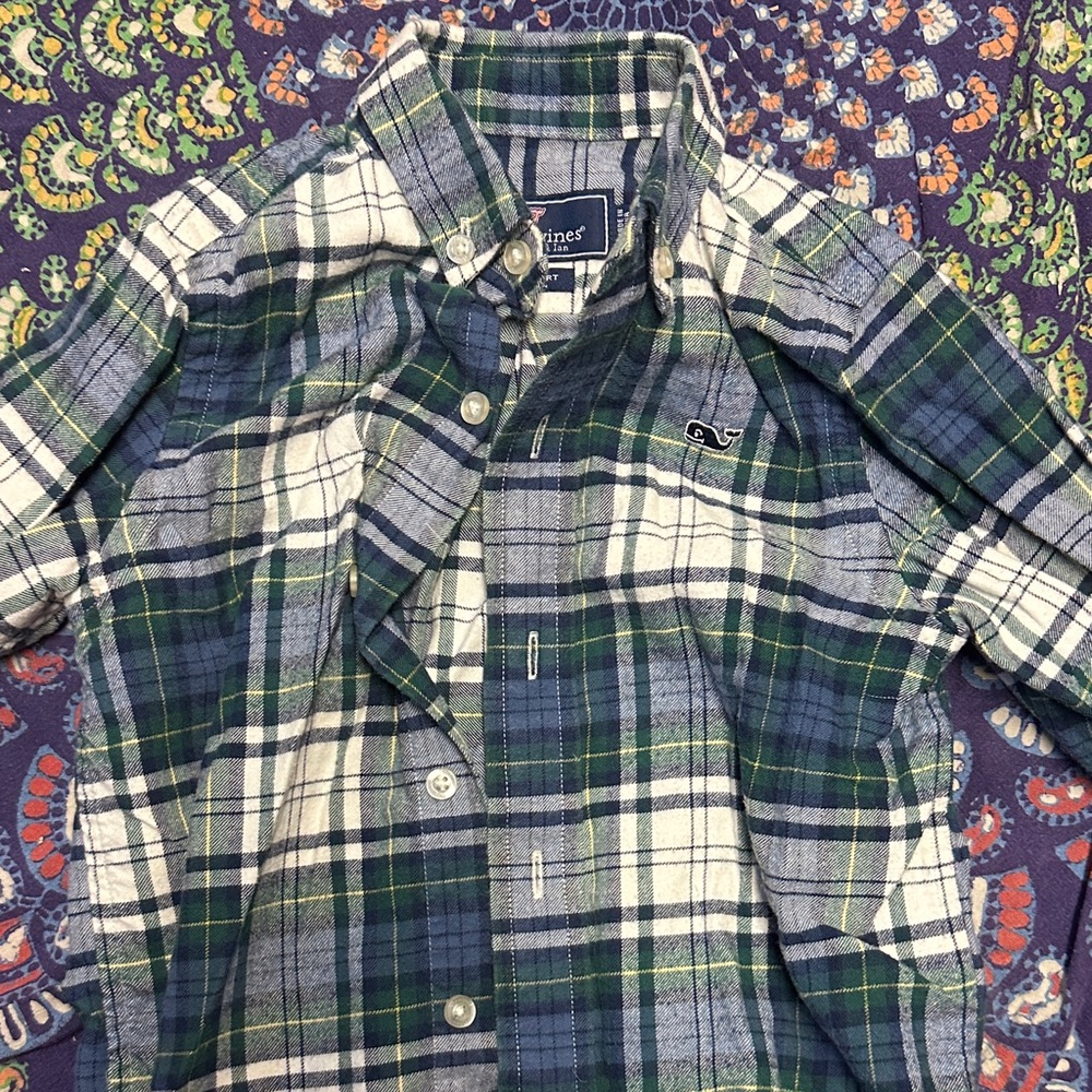 Vineyard Vines Boy’s Blue and Green Plaid Flannel Shirt